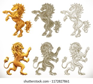 Horse anb lion. 3d and engraving styles. Vector illustration