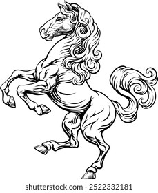 Um animal de cavalo para uma crista em pose desenfreada. Brasão heráldico de armas elemento de design heráldico em um estilo de ilustração vintage.