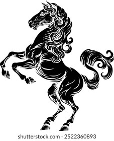 Um animal de cavalo para uma crista em pose desenfreada. Brasão heráldico de armas elemento de design heráldico em um estilo de ilustração vintage.