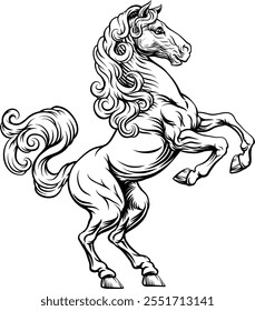 Un animal de caballo para una cresta en pose rampante. Elemento de diseño heráldico del escudo de armas en un estilo de ilustración vintage.