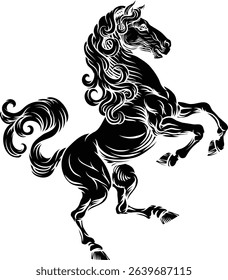 A horse animal for a crest in rampant pose. Heraldic coat of arms heraldry design element in a vintage illustration style.