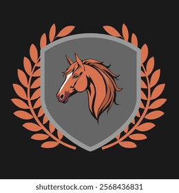 Horse animal head shield design vector illustration, logo template isolated on black background