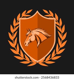 Horse animal head shield design vector illustration, logo template isolated on black background