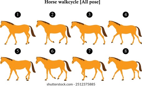 Horse animation. Cartoon horses walking gait movements animate frames, walking or horse all pose, vector illustration of animation horse ride