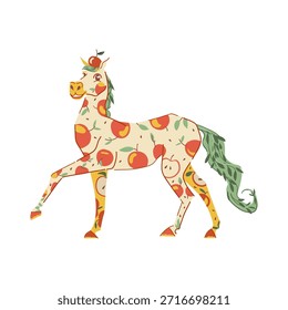 Caballo con patrón de manzana en la piel en un estilo de Ilustración vectorial decorativa. Carácter animal lindo creativo perfecto para el diseño, los patrones, los textiles, la papelería, los carteles, y los proyectos de marca juguetones