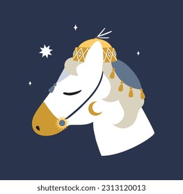 Horse arabic night illustration grey beige white moon tree clouds water sea muslim ornament logo drawing fly insect decor decoration ethnic sun fairytale story sea tree