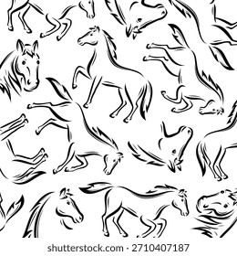 Horse background, pattern set. Collection icons horse. Vector