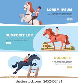 Horse banners equestrian on horses sport activity vector cartoon banners for ads