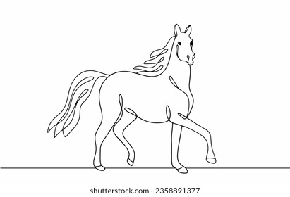 A horse with a beautiful mane. Horse breeding. Horseback Riding. World Farm Animals Day. One line drawing for different uses. Vector illustration.