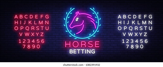 Horse Betting Neon Sign Vector. Horse Betting Logo in Neon Style, Design Template. Horse racing symbol, icon, emblem. Light banner, bright night advertising. Vector. Editing text neon sign