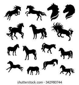 Horse big set of black silhouettes. Icons and illustrations of animals. Wild animals pattern.