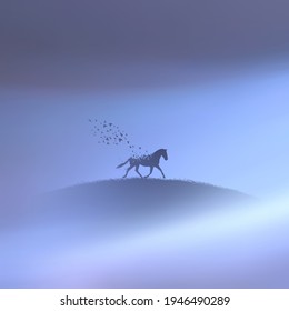 Horse and birds. Endangered animal. Death and afterlife. Foggy clouds