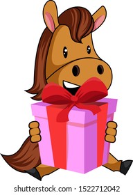 Horse with birthday present, illustration, vector on white background.