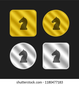 Horse black head shape of a chess piece gold and silver metallic coin logo icon design