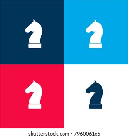 Horse black head silhouette of a chess piece four color material and minimal icon logo set in red and blue