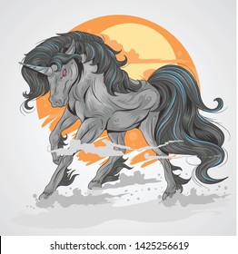 HORSE BLACK UNICORN WITH SUN BACKGROUND AND SMOKE ON FOOT, RAGE BLACK UNICORN EPS VECTOR