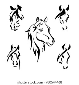 Horse black and white outline and silhouette. Flat design.