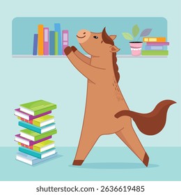 horse with books, books, bookshelf, library, school, reading, school, education, cute horse, year of the horse, fun, cute illustration, poster, calendar horse, screensaver, print