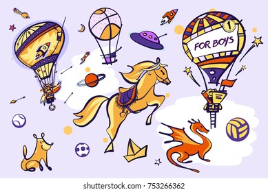 Horse. For boy. Sketch image of dog, balloon, dragon and starship. Vector illustration.  Element design for boy party invitation.