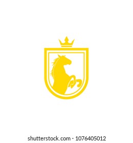 Horse Brand Logo design vector. Retro golden crest with shield and horses. Heraldic logo template. Luxury design concept. Can be used as logo, icon, emblem or banner.