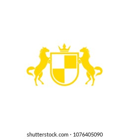 Horse Brand Logo design vector. Retro golden crest with shield and horses. Heraldic logo template. Luxury design concept. Can be used as logo, icon, emblem or banner.