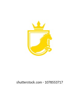 Horse Brand Logo design vector. Retro golden crest with shield and horses. Heraldic logo template. Luxury design concept. Can be used as logo, icon, emblem or banner.