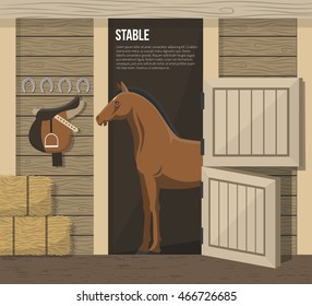 Horse breeding farm stable interior with standing in stall animal and hay forage supply abstract vector illustration