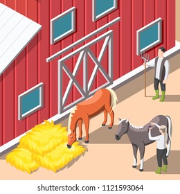 Horse breeding Isometric background with staff caring for horses and supplying hay forage in stable interior vector illustration