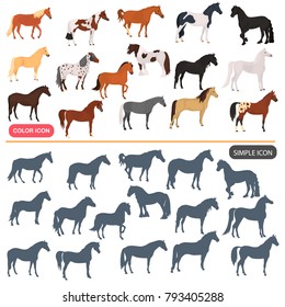 Horse breeds color flat icons set. Horse black silhoutte simple icons set