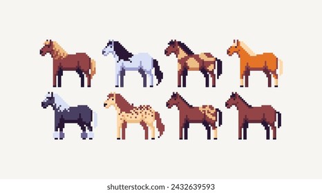 Horse breeds pixel art set. Standing different stallion collection. 8 bit. Game development, mobile app. Isolated vector illustration. Cross stitch pattern.