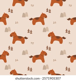 Horse brown cartoon so cute. On mountain tree background. Pattern seamless vector illustration. 