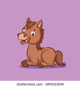 The horse with the brown fur is laying down with the smiling face of illustration