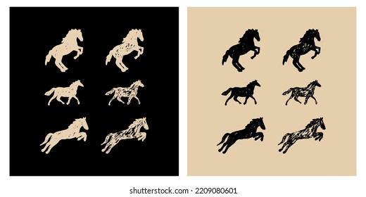 Horse brush chalk doodle sketch illustration set
