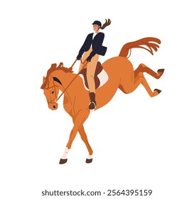 Horse bucking with rider. Equestrian riding disobedient scared stallion. Dangerous unsafe bad equine animal behavior. Unruly angry pose. Flat vector illustration isolated on white background