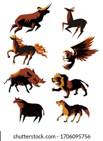 horse, bull, eagle, lion, cow, bull, dog, hind animals figures collection