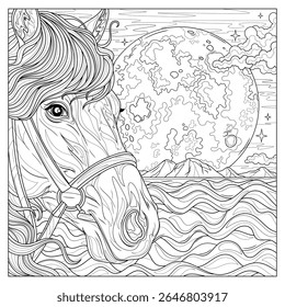 Cavalo pelo mar e lua cheia no frame.Coloring livro antistress para crianças e adultos. Ilustração isolada no estilo background.Zen-tangle branco. Desenho da mão