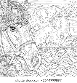 Horse by the sea and full moon.Coloring book antistress for children and adults. Illustration isolated on white background.Zen-tangle style. Hand draw