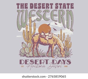 Horse with cactus print design. Mountain artwork for apparel, sticker, batch, background, poster and others. Explore the mountains. Arizona desert Outdoors t shirt vector design.