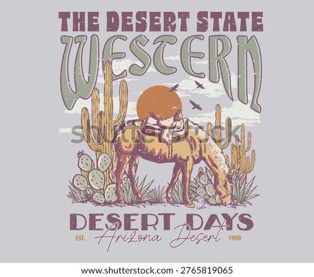 Horse with cactus print design. Mountain artwork for apparel, sticker, batch, background, poster and others. Explore the mountains. Arizona desert Outdoors t shirt vector design.