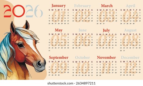 Calendário para 2026. Grade de calendário. O símbolo do Ano Novo 2026. Design pronto. Modelo de calendário. O design é feito em tons retidos. Calendário estiloso
