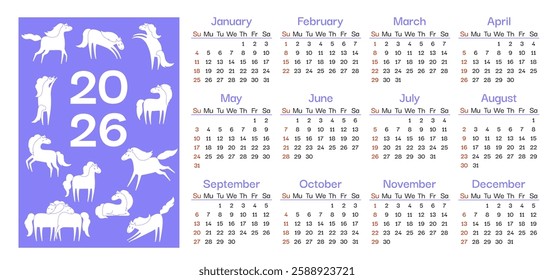 Horse calendar 2026 with mascot. Horizontal template calendar mare or mustang. Various friendly horse in different poses. Vector illustration character hand drawing art design calendar with animals