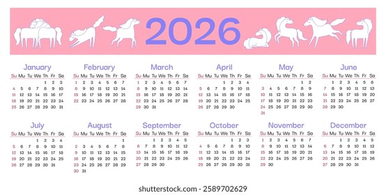 Horse calendar 2026 with mascot. Horizontal template calendar mare or mustang. Various friendly horse in different poses. Vector illustration character for printing planner design calendar with animal