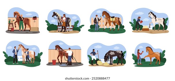 Cuidados com cavalos. Exploração de animais domésticos. Pessoas andando equestre. Esporte a cavalo. Stableman alimentação e lavagem garanhões. Treinamento de animais de estimação. Preparação e tratamento de equídeos. Equestrianismo vetor tidy set