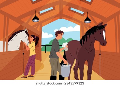 Horse care in stable. Guy washes horse. Girl grooming animal in stall. Pets feeding and cleaning. Horseman combs mane. Racing stallions. People and pony in barn. Garish