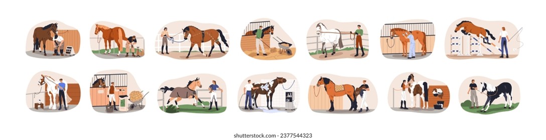 Horse care, treatment and training set. Equestrians with stallions in stables. Workers breeding, cleaning, grooming, feeding equine animals. Flat vector illustrations isolated on white background