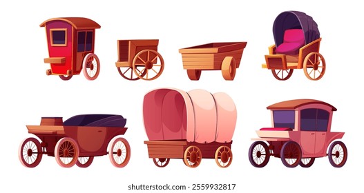 Horse carriage and cart collection. Vintage wooden transport vehicles - wagons, carriages, covered stagecoach and retro passenger coaches. Historical transportation set for western or medieval design.