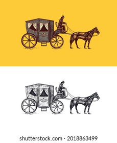 Horse carriage. Coachman on an old victorian Chariot. Animal-powered public transport. Hand drawn engraved sketch. Vintage retro illustration.