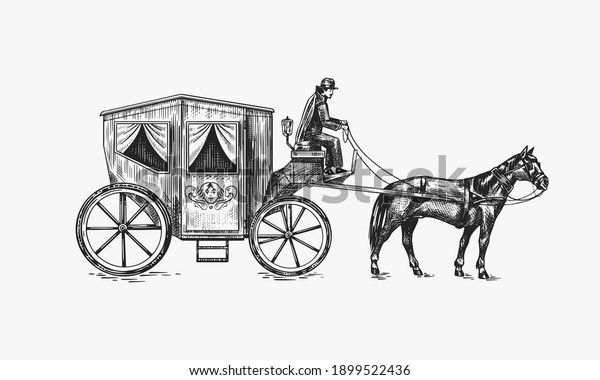 Horse carriage. Coachman on an old
victorian Chariot. Animal-powered public transport. Hand drawn
engraved sketch. Vintage retro
illustration.