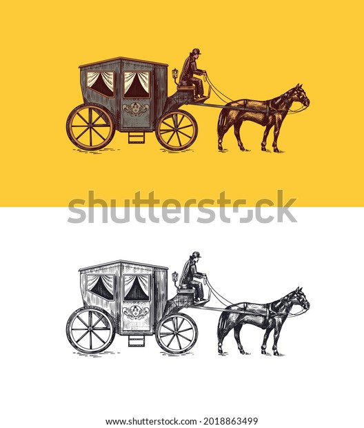 Horse carriage. Coachman on an old\
victorian Chariot. Animal-powered public transport. Hand drawn\
engraved sketch. Vintage retro\
illustration.