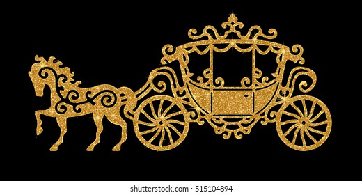 Horse carriage golden silhouette. Vector illustration. Art silver glitter icon. Creative concept for web, glow light confetti, bright sequins, sparkle tinsel, abstract bling, shimmer dust.